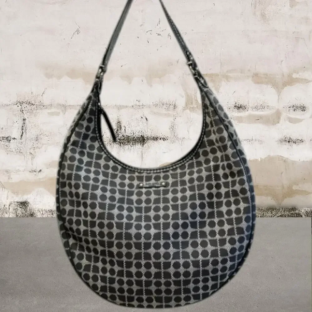 Kate Spade ♠️ Handbag Dot Noel Black Gray Canvas Leather Shoulder Hobo Bag